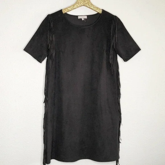 1. State Dress Fringe Black Faux Suede Shift Southwestern Boho Mini - Picture 2 of 8